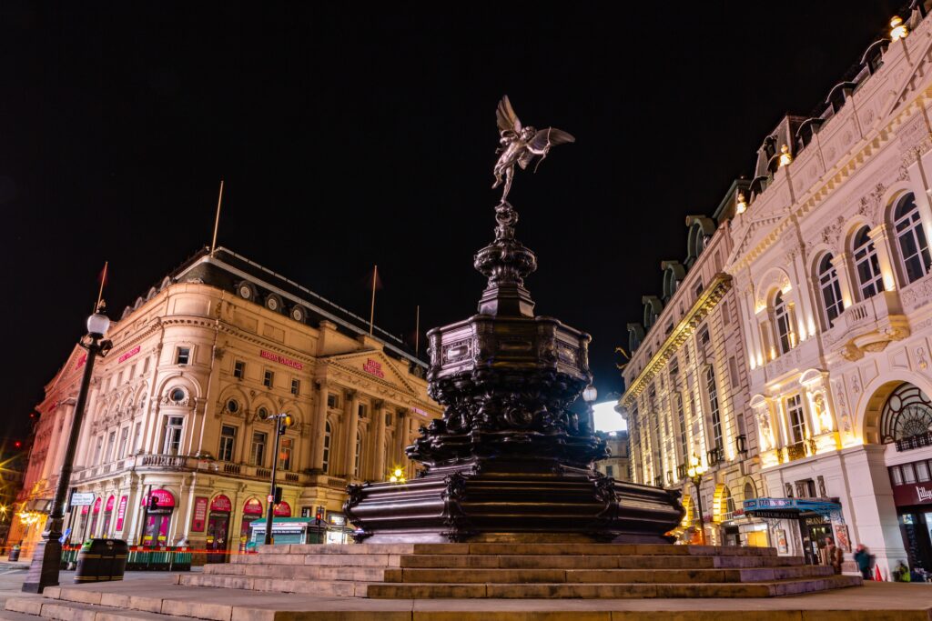 Shaftesbury Memorial Fountain and Eros statue in London's Piccadilly Circus.